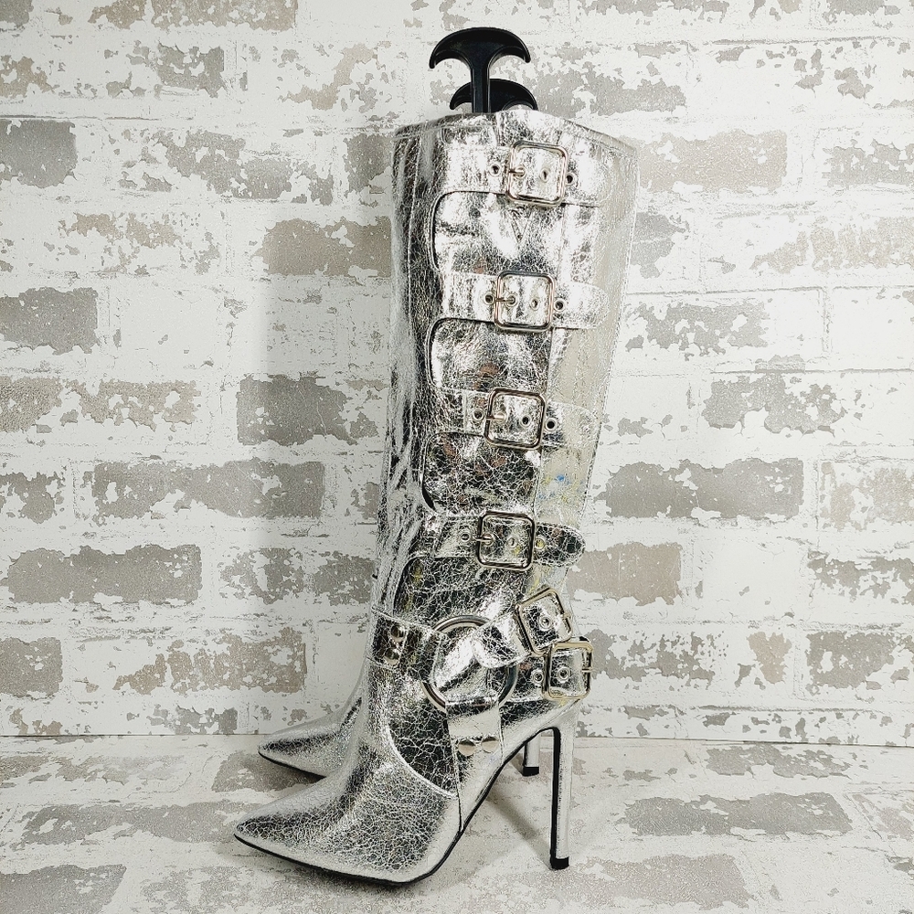 New Wild Diva Look At Me Silver Faux Leather High Heel Harness Knee Boots K364